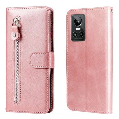 Rose gold calf-texture leather phone case with vertical zipper pocket and card slot
