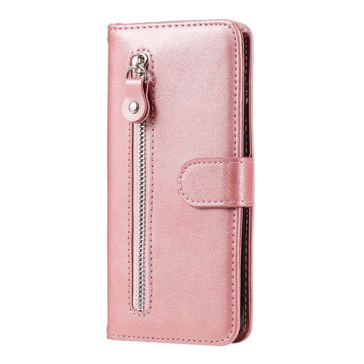 Rose gold calf-texture leather phone case with vertical zipper pocket and fold-over clasp