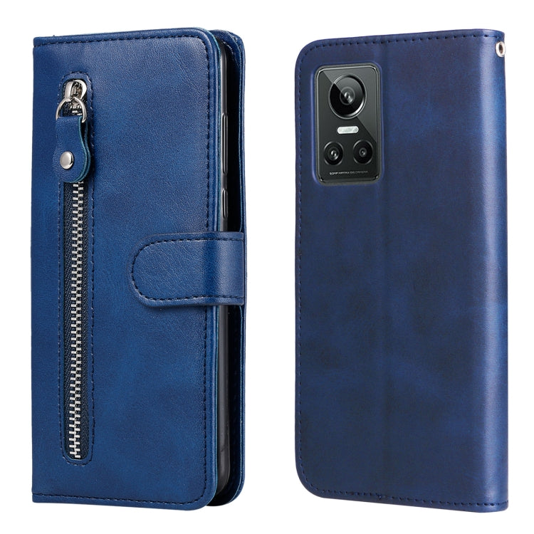 Blue leather phone case with zipper, flip cover, and card holder; single camera cutout.