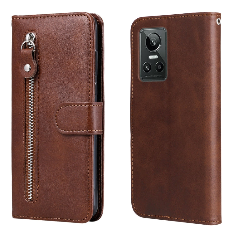 Brown leather phone case with zipper, flip cover, and card holder; single camera cutout.