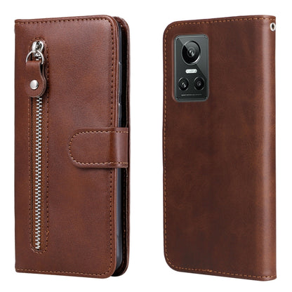 Brown leather phone case with zipper, flip cover, and card holder; single camera cutout.