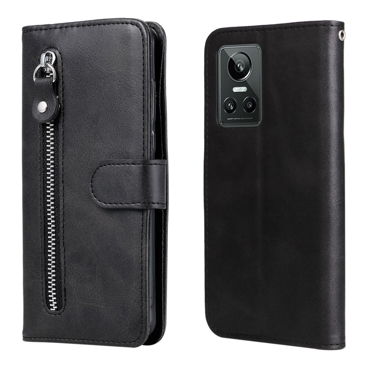 Black leather phone case with zipper, flip cover, and card holder; single camera cutout.