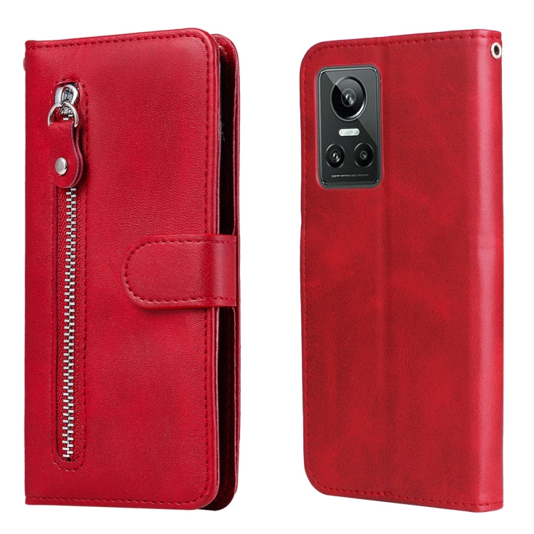 Red leather phone case with zipper pull, folio flap, and side strap closure