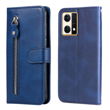 Blue leather phone case with zipper, flip cover, and card holder; dual camera cutout.