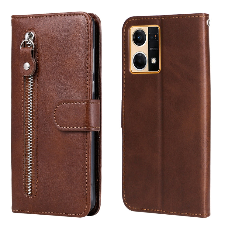 Brown leather phone case with zipper, flip cover, and card holder; dual camera cutout.