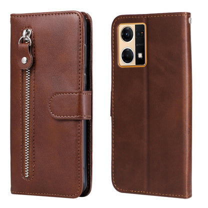 Brown leather phone case with zipper, flip cover, and card holder; dual camera cutout.