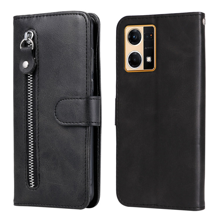 Black leather phone case with zipper, flip cover, and card holder; dual camera cutout.