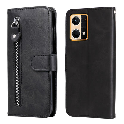 Black leather phone case with zipper, flip cover, and card holder; dual camera cutout.