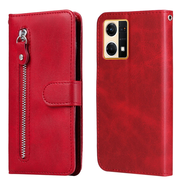 Red leather phone case with camera openings on back and folio zipper front