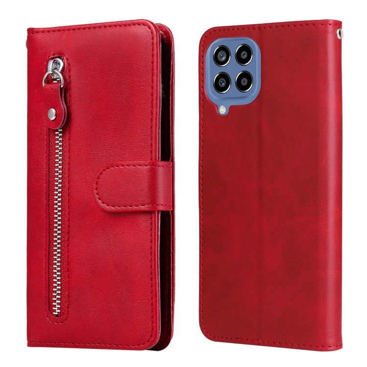 Red folio leather phone case with vertical zipper and built-in front card slot