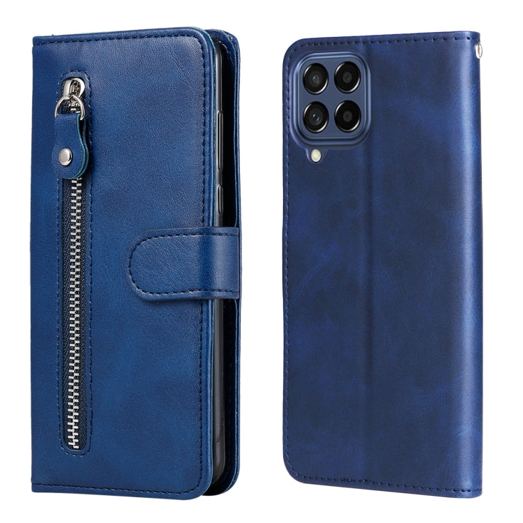 Blue leather phone case with zipper, flip cover, and card holder; quad camera window.