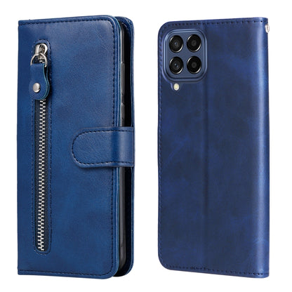 Blue leather phone case with zipper, flip cover, and card holder; quad camera window.