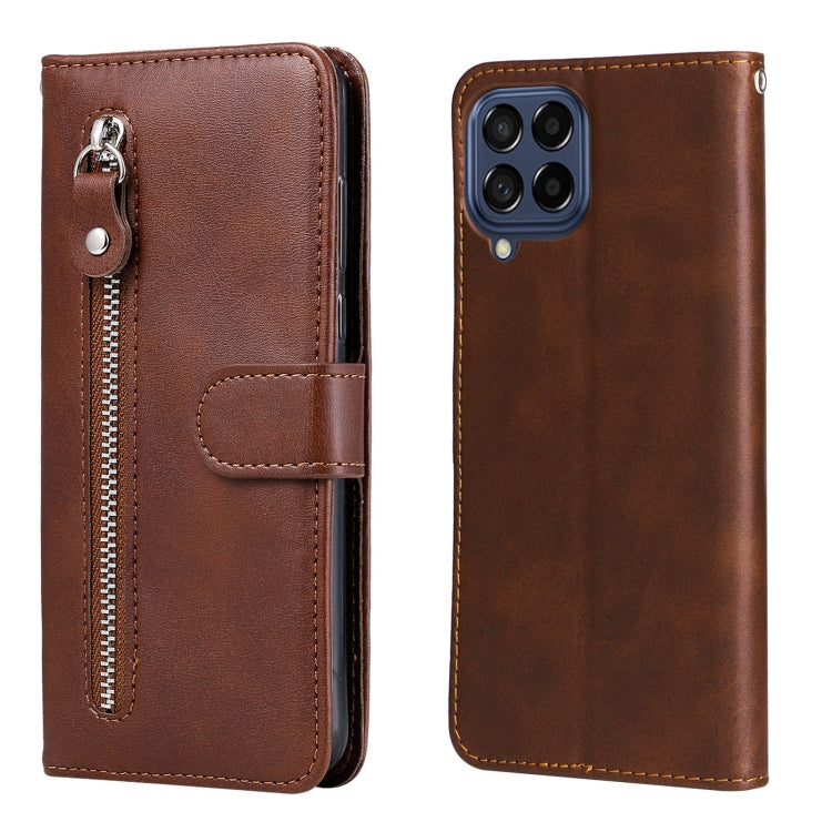 Brown leather phone case with zipper, flip cover, and card holder; quad camera window.