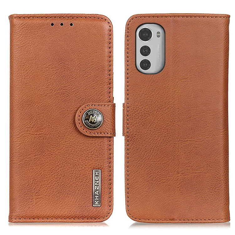 Brown leather wallet phone case with snap closure and circular logo emblem