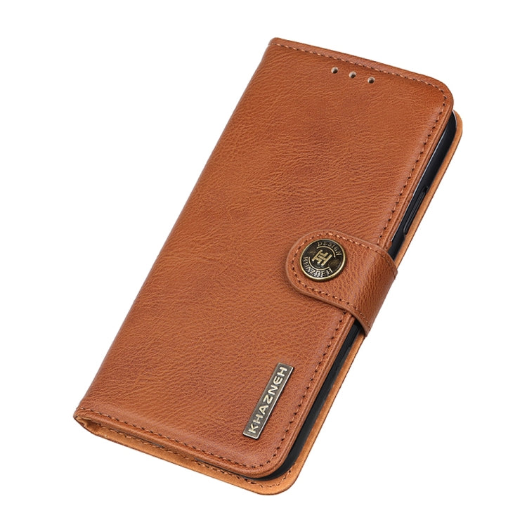 Brown cowhide-texture leather folio case with magnetic strap and stitched edges