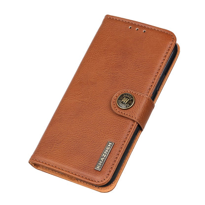 Brown cowhide-texture leather folio case with magnetic strap and stitched edges