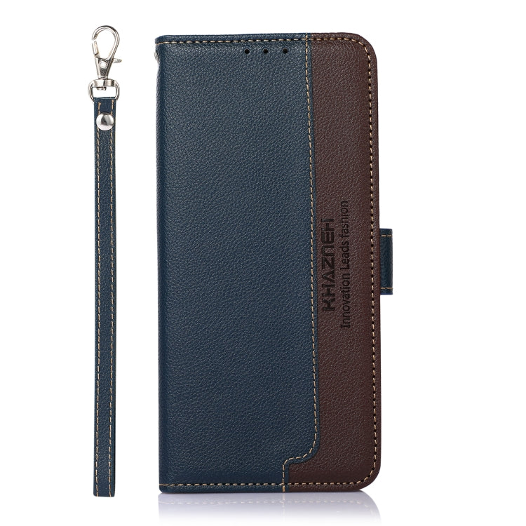 KHAZNEH litchi-texture leather RFID phone case with wrist strap, blue and brown