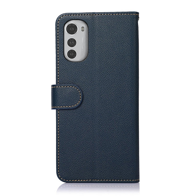 KHAZNEH litchi-texture leather RFID phone case, blue with camera cutout
