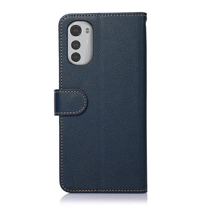 KHAZNEH litchi-texture leather RFID phone case, blue with camera cutout