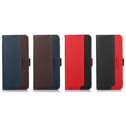 Four leather phone cases in blue, brown, red, and black with stitched trim