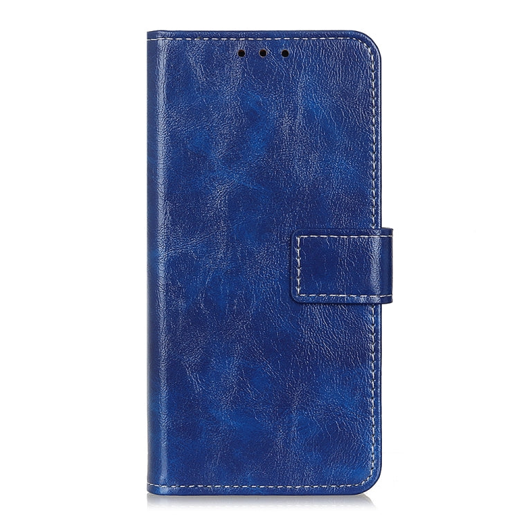 Blue flip phone wallet case with stitched flap and card holder panel