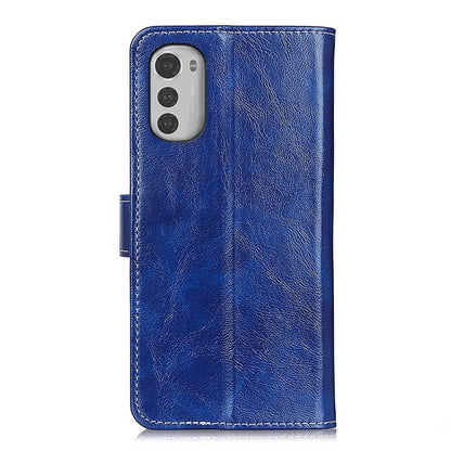 Blue flip phone wallet case with camera cutout and textured leather finish