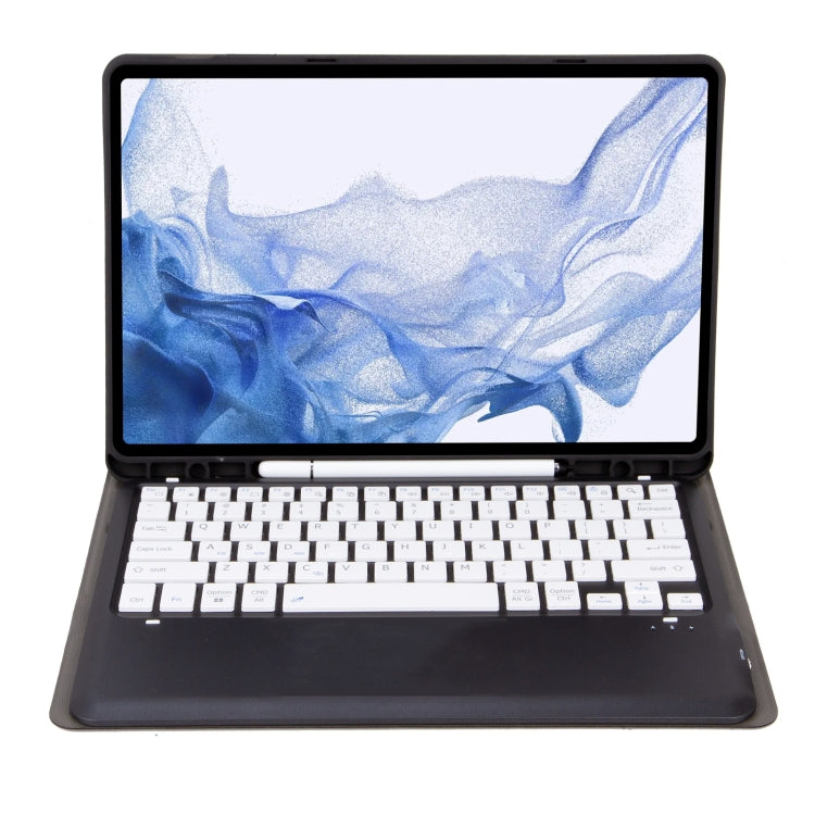 Black leather-style tablet case with full-size Bluetooth keyboard view on stand