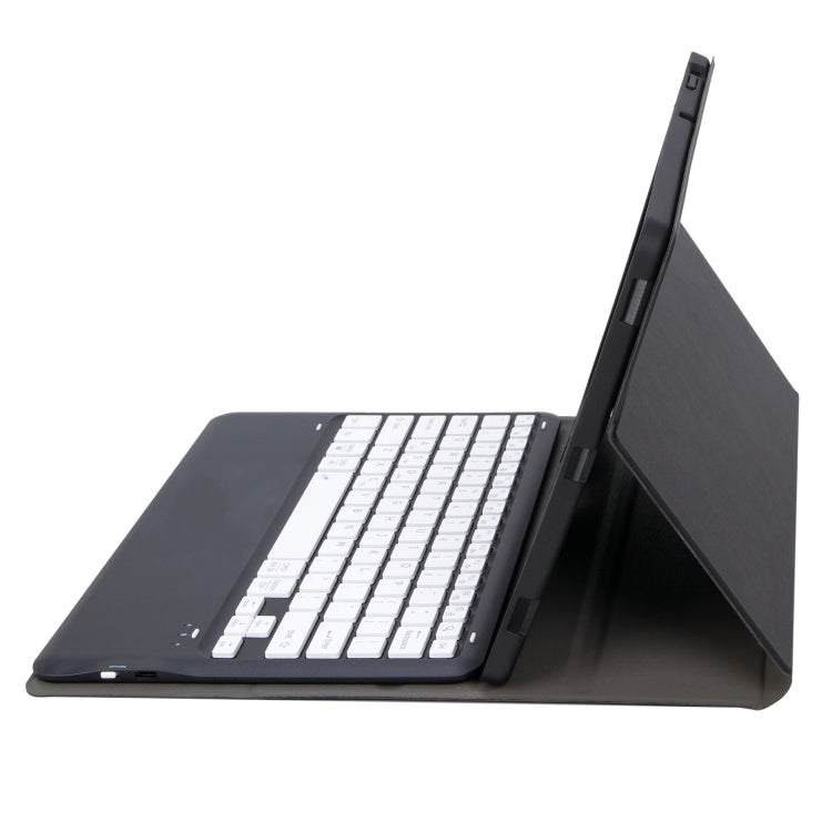 Black leather-style tablet case with detachable Bluetooth keyboard, angled stand
