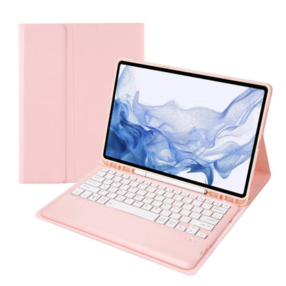 Pink leather-style tablet case with detachable Bluetooth keyboard on stand