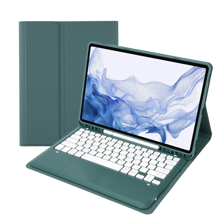 Dark green leather-style tablet case with detachable Bluetooth keyboard on stand