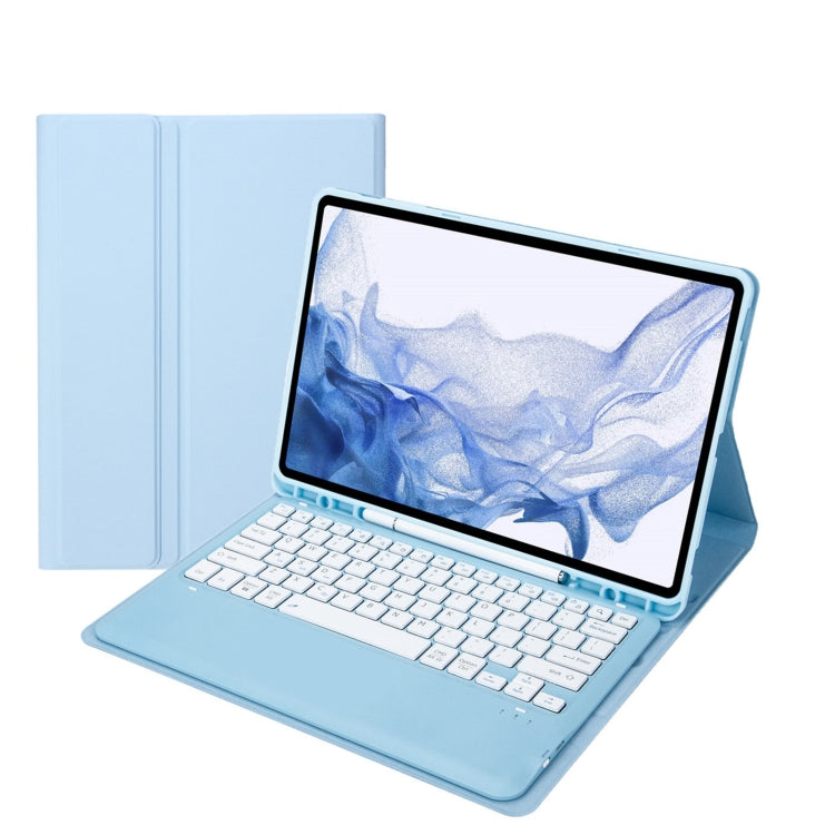 Sky blue leather-style tablet case with detachable Bluetooth keyboard on stand