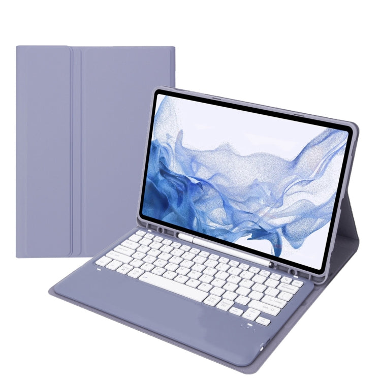 Purple leather-style tablet case with detachable Bluetooth keyboard on stand