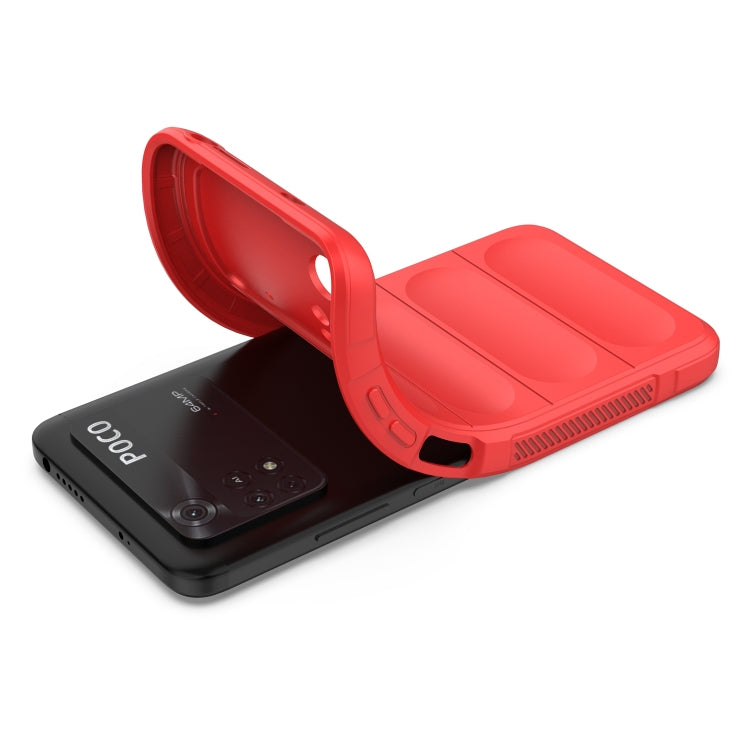 Red and black rugged phone case with hinged cover folded open