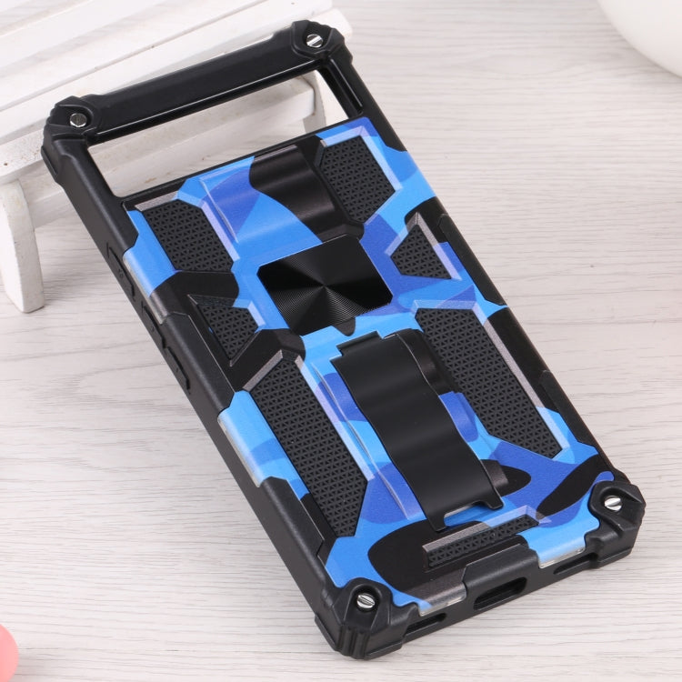 Rugged dark blue camouflage phone case with magnetic holder and textured grip panels
