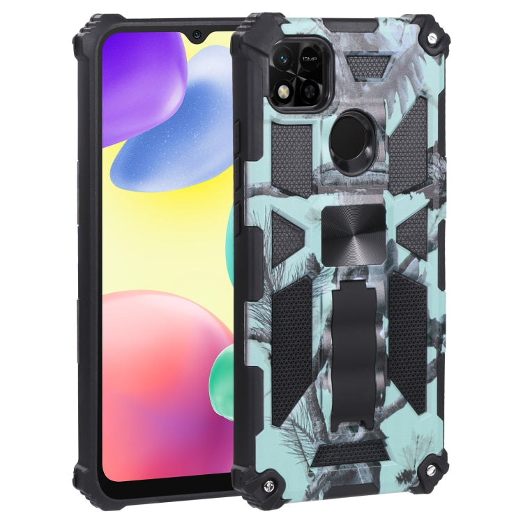 Mint green camouflage rugged phone case with magnetic holder and textured grip panels