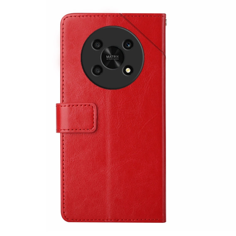 Red leather flip phone case with camera cutout and side card pocket