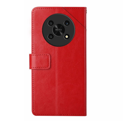 Red leather flip phone case with camera cutout and side card pocket