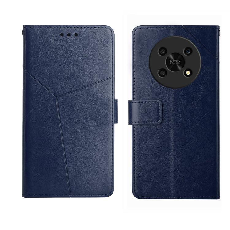 Blue leather flip phone case with camera cutout and side card pocket