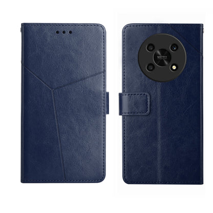 Blue leather flip phone case with camera cutout and side card pocket