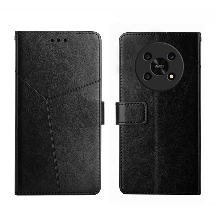 Black leather flip phone case with diagonal stitching and camera cutout protection cover