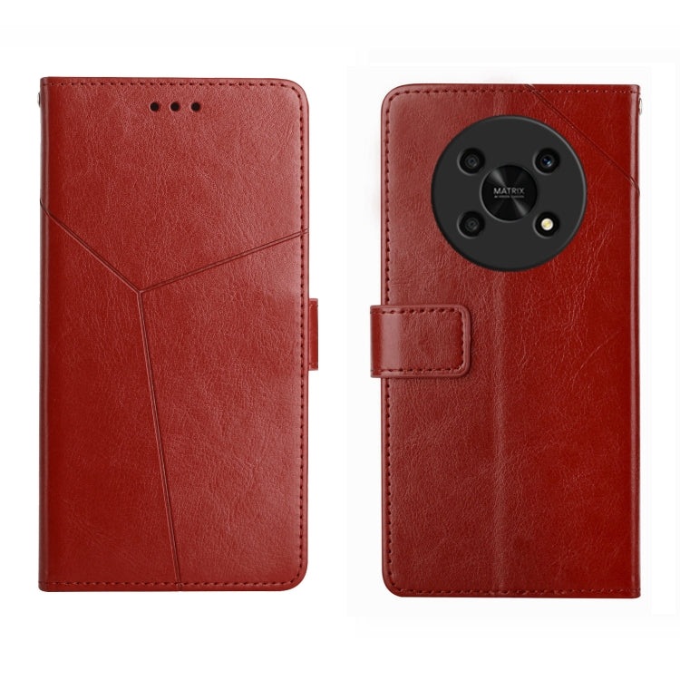 Red leather flip phone case with diagonal stitching and magnetic flap phone holder