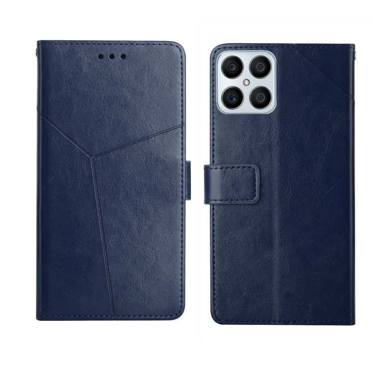 Blue horizontal flip leather phone case with diagonal stitching and magnetic flap holder