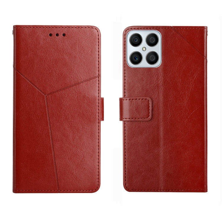 Red leather horizontal flip phone case with magnetic closure tab and diagonal seam lines