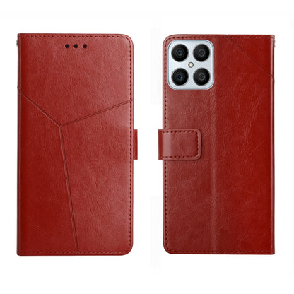 Red leather horizontal flip phone case with magnetic closure tab and diagonal seam lines