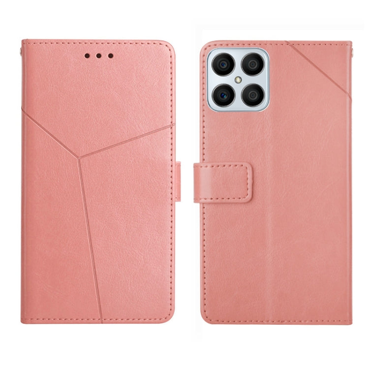 Rose gold leather flip phone case with magnetic closure tab and diagonal seam panel