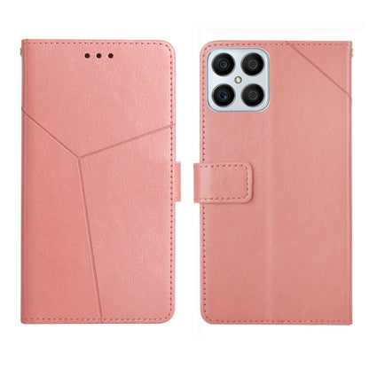 Rose gold leather flip phone case with magnetic closure tab and diagonal seam panel
