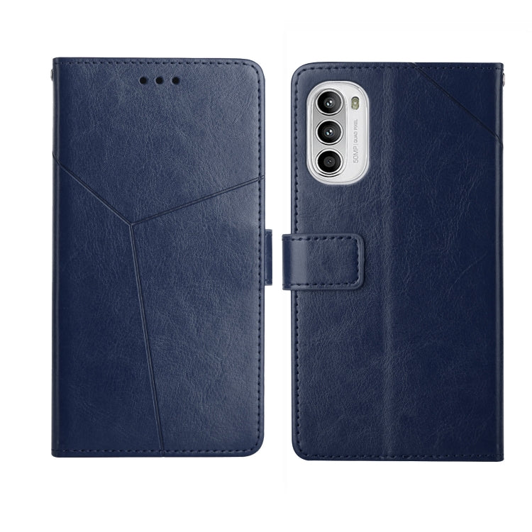 Blue leather flip phone case with diagonal seam lines and side magnetic closure tab