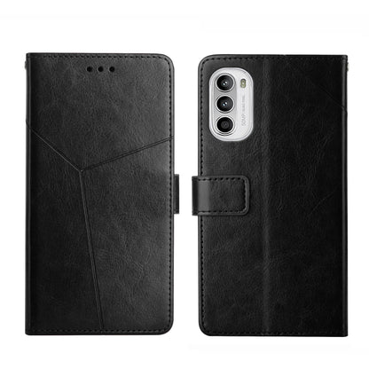 Black leather flip phone case with front camera cutout and magnetic closure strap