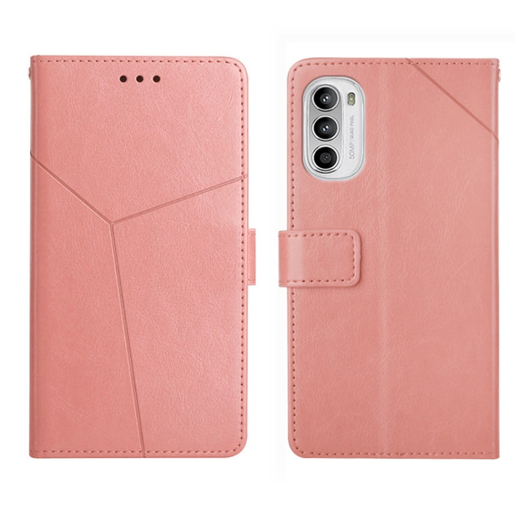 Rose pink leather flip phone case with stitched paneling and camera cutout