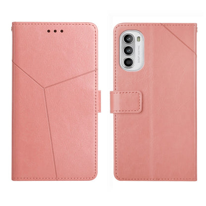 Rose pink leather flip phone case with stitched paneling and camera cutout
